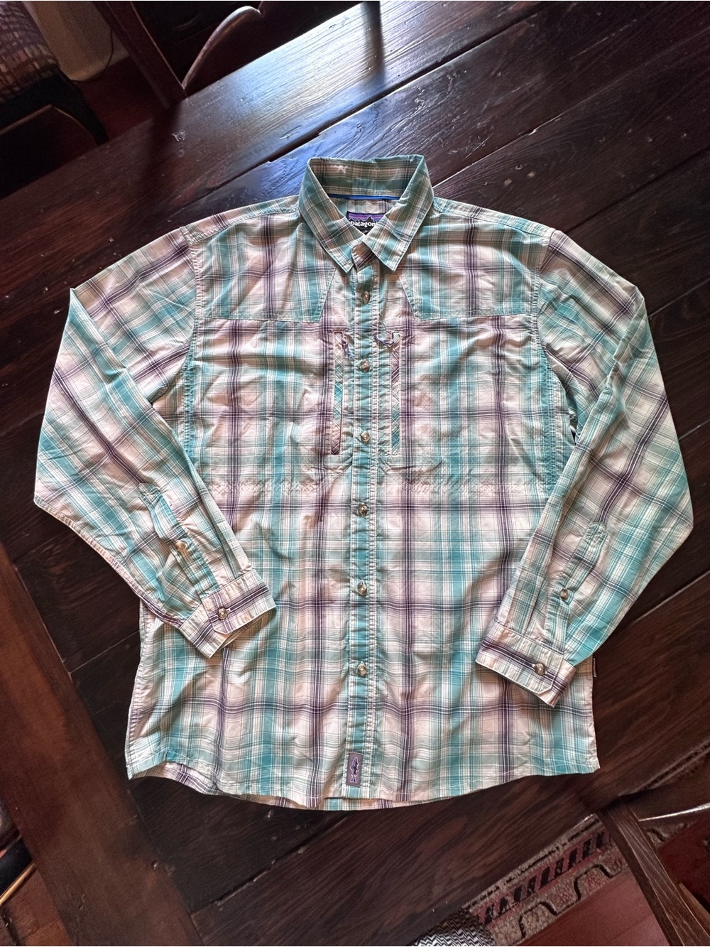 Patagonia Teal & Lavender Plaid Button-Down Fishing Shirt